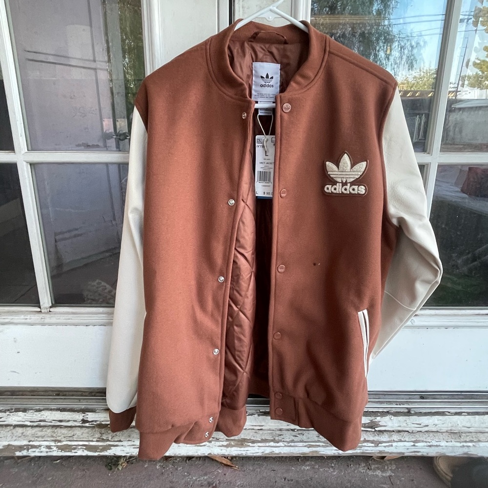 Adidas Brown and White Bomber Jacket with Ribbed Cuffs
